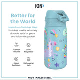 ION8 Leak Proof Kids Water Bottle, Stainless Steel, Blue Unicorns, 400ml (13oz)