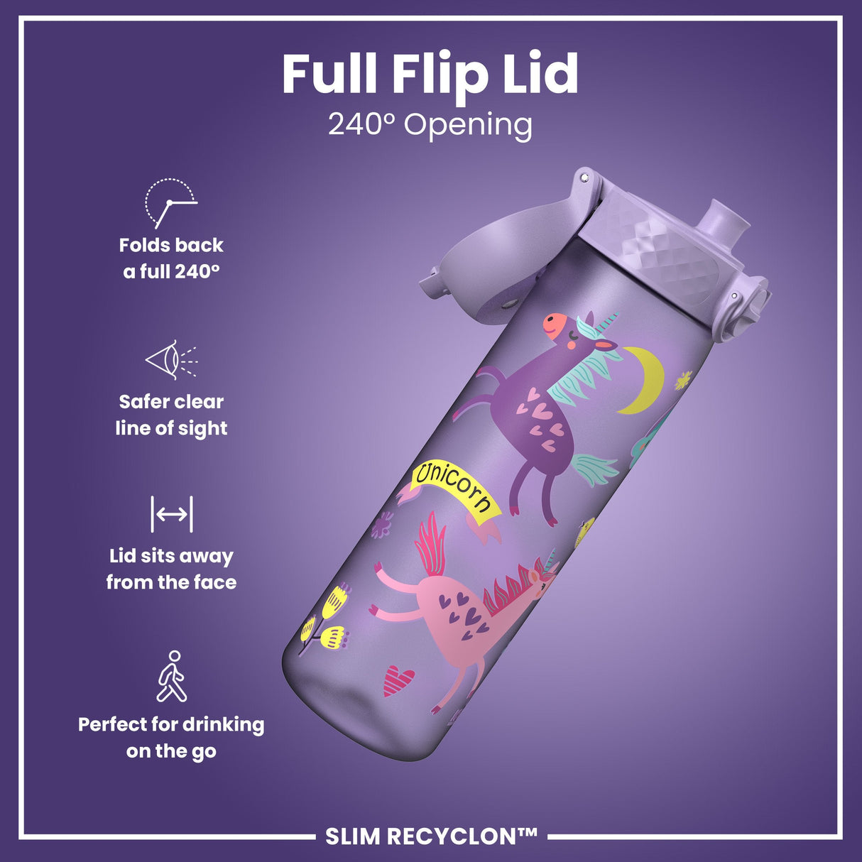 ION8 Leak Proof Slim Water Bottle, Recyclon, Purple Unicorns, 500ml (18oz)