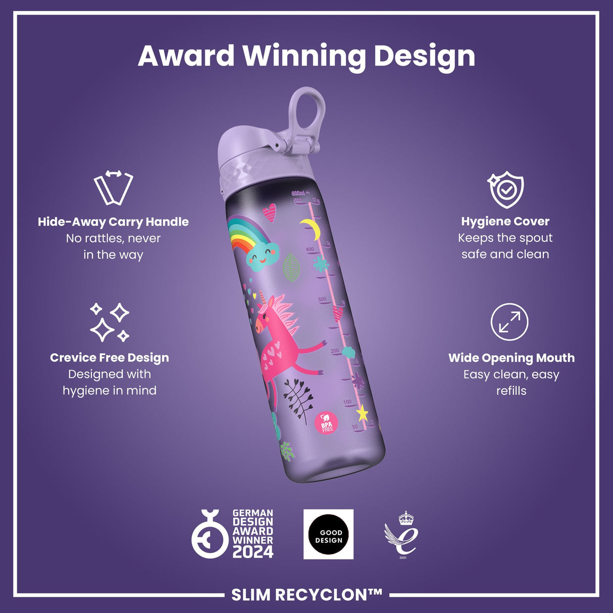 ION8 Leak Proof Slim Water Bottle, Recyclon, Purple Unicorns, 500ml (18oz)