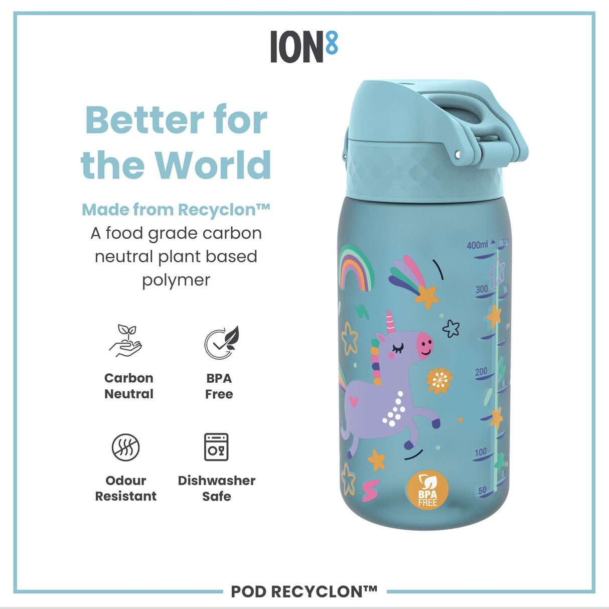 ION8 Leak Proof Kids Water Bottle, Recyclon, Blue Unicorns, 350ml (12oz)