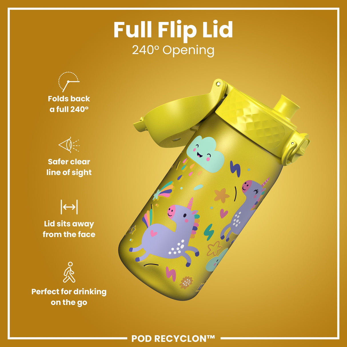 ION8 Leak Proof Kids Water Bottle, Recyclon, Yellow Unicorns, 350ml (12oz)