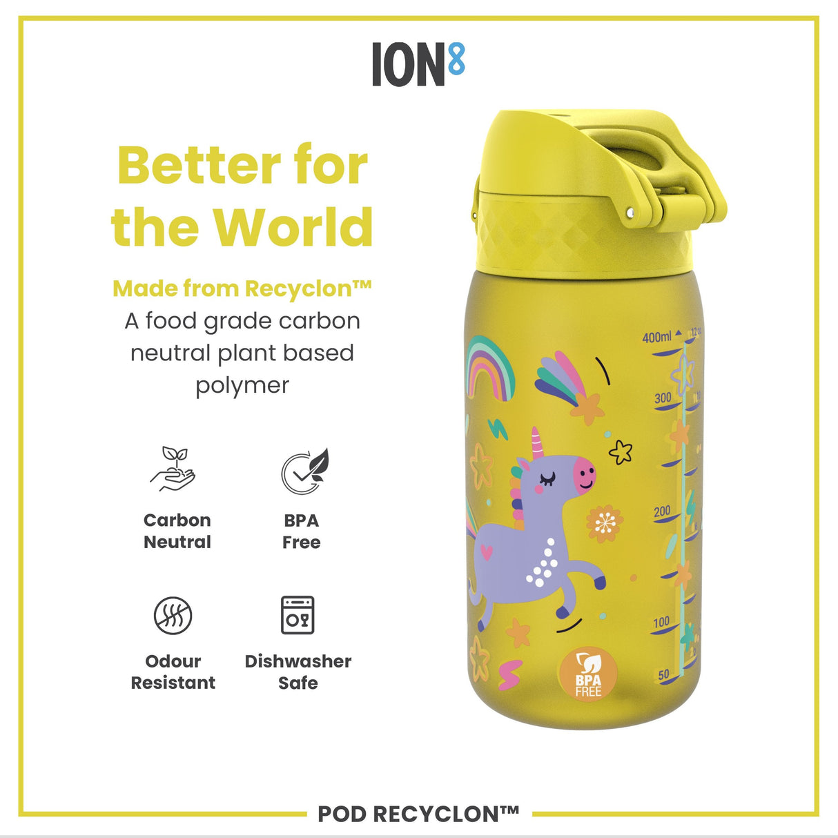 ION8 Leak Proof Kids Water Bottle, Recyclon, Yellow Unicorns, 350ml (12oz)