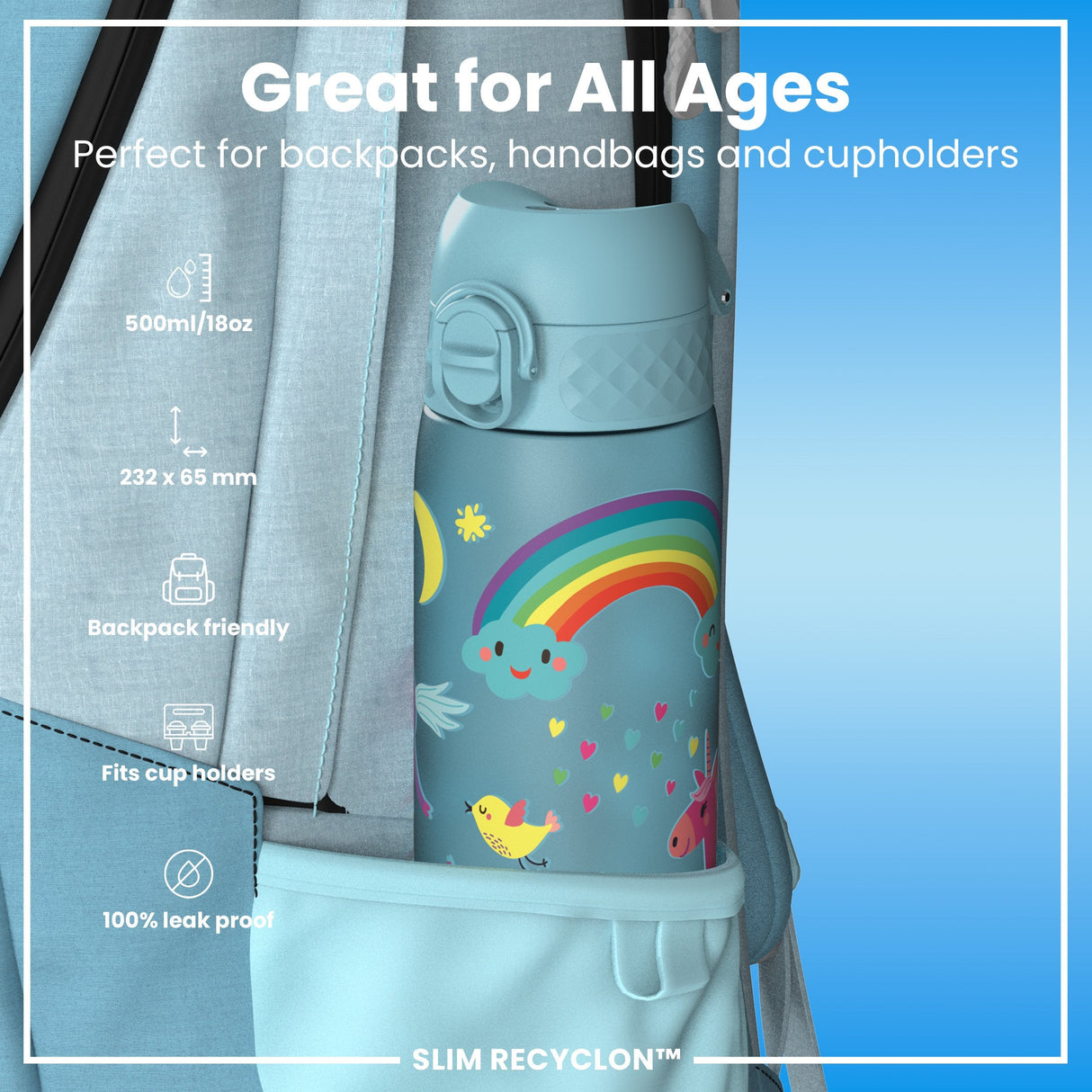 ION8 Leak Proof Slim Water Bottle, Recyclon, Blue Unicorns, 500ml (18oz)