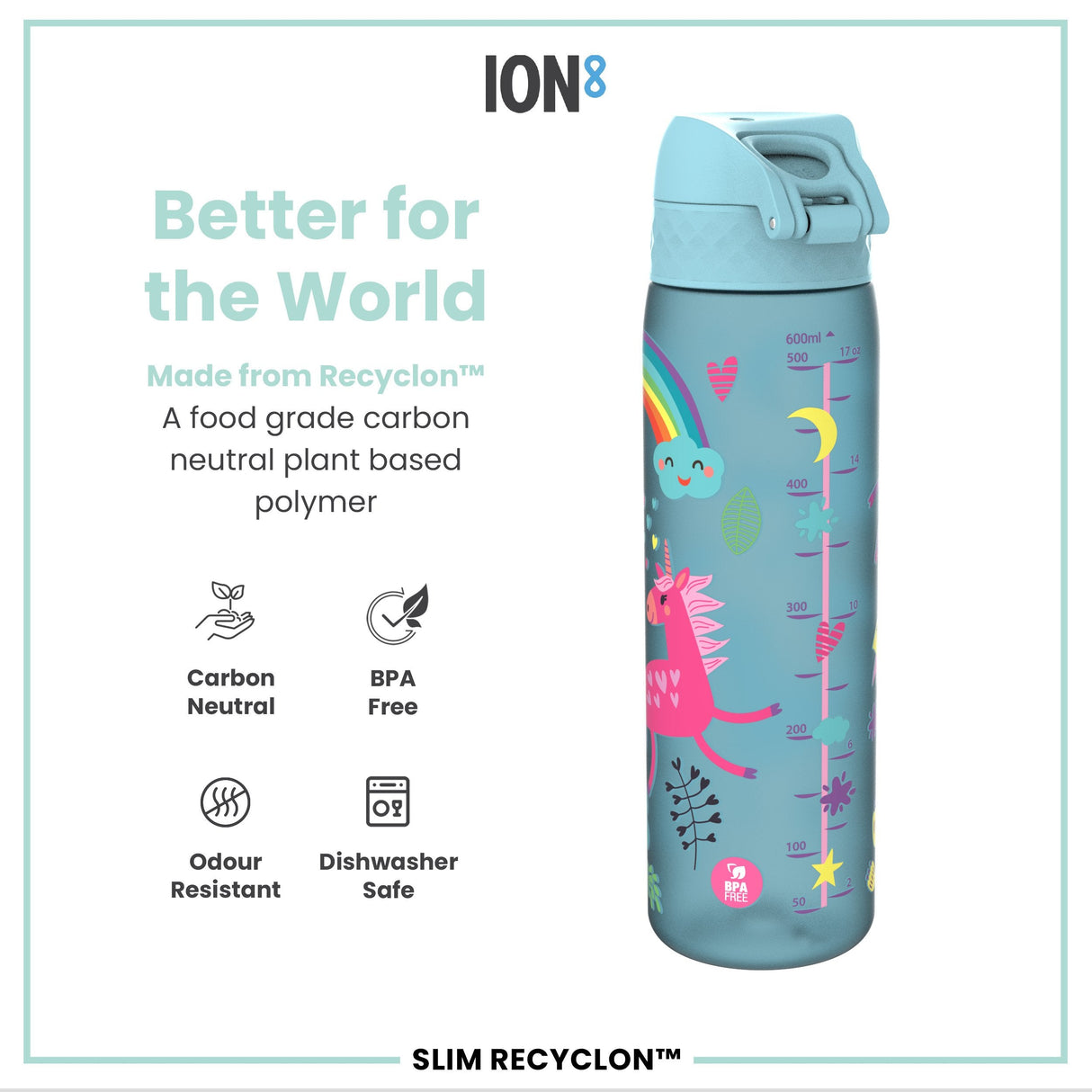 ION8 Leak Proof Slim Water Bottle, Recyclon, Blue Unicorns, 500ml (18oz)