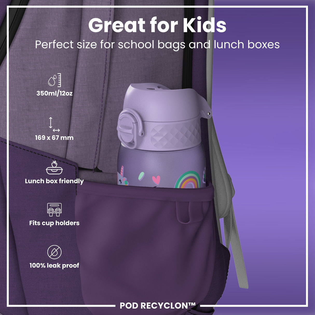 ION8 Leak Proof Kids Water Bottle, Recyclon, Purple Unicorns, 350ml (12oz)