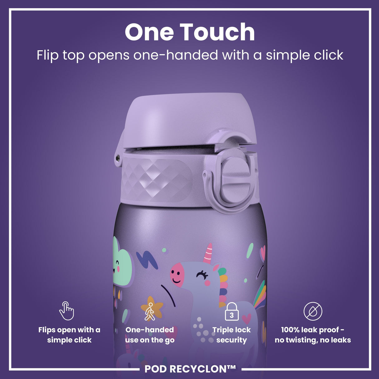 ION8 Leak Proof Kids Water Bottle, Recyclon, Purple Unicorns, 350ml (12oz)