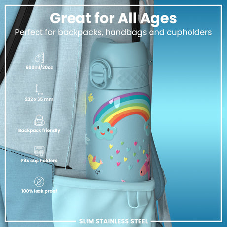 ION8 Leak Proof Slim Water Bottle, Stainless Steel, Blue Unicorns, 600ml (20oz)