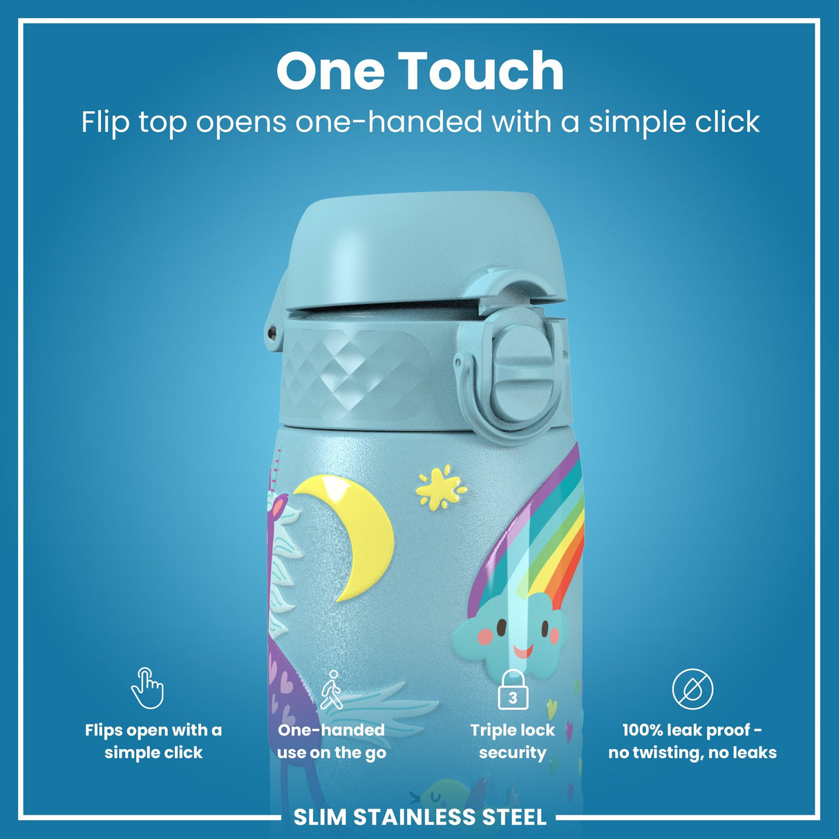 ION8 Leak Proof Slim Water Bottle, Stainless Steel, Blue Unicorns, 600ml (20oz)
