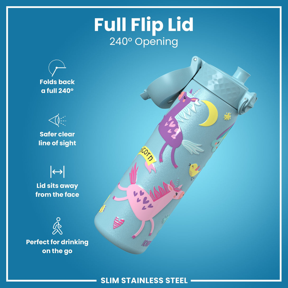 ION8 Leak Proof Slim Water Bottle, Stainless Steel, Blue Unicorns, 600ml (20oz)