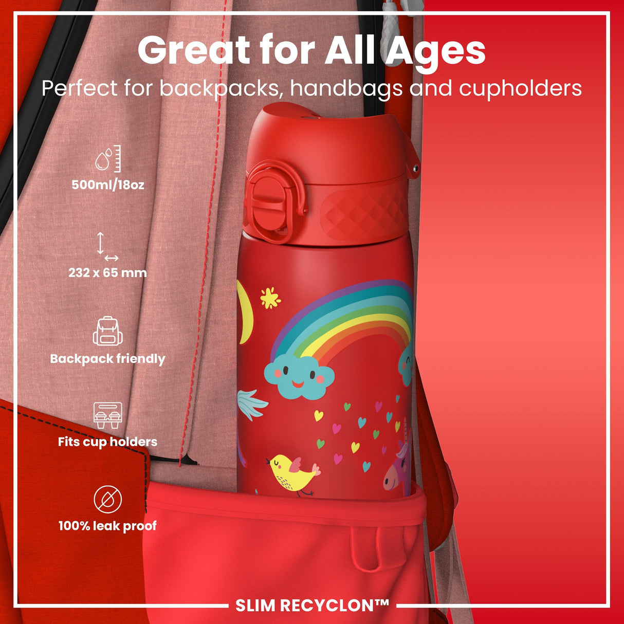 ION8 Leak Proof Slim Water Bottle, Recyclon, Red Unicorns, 500ml (18oz)