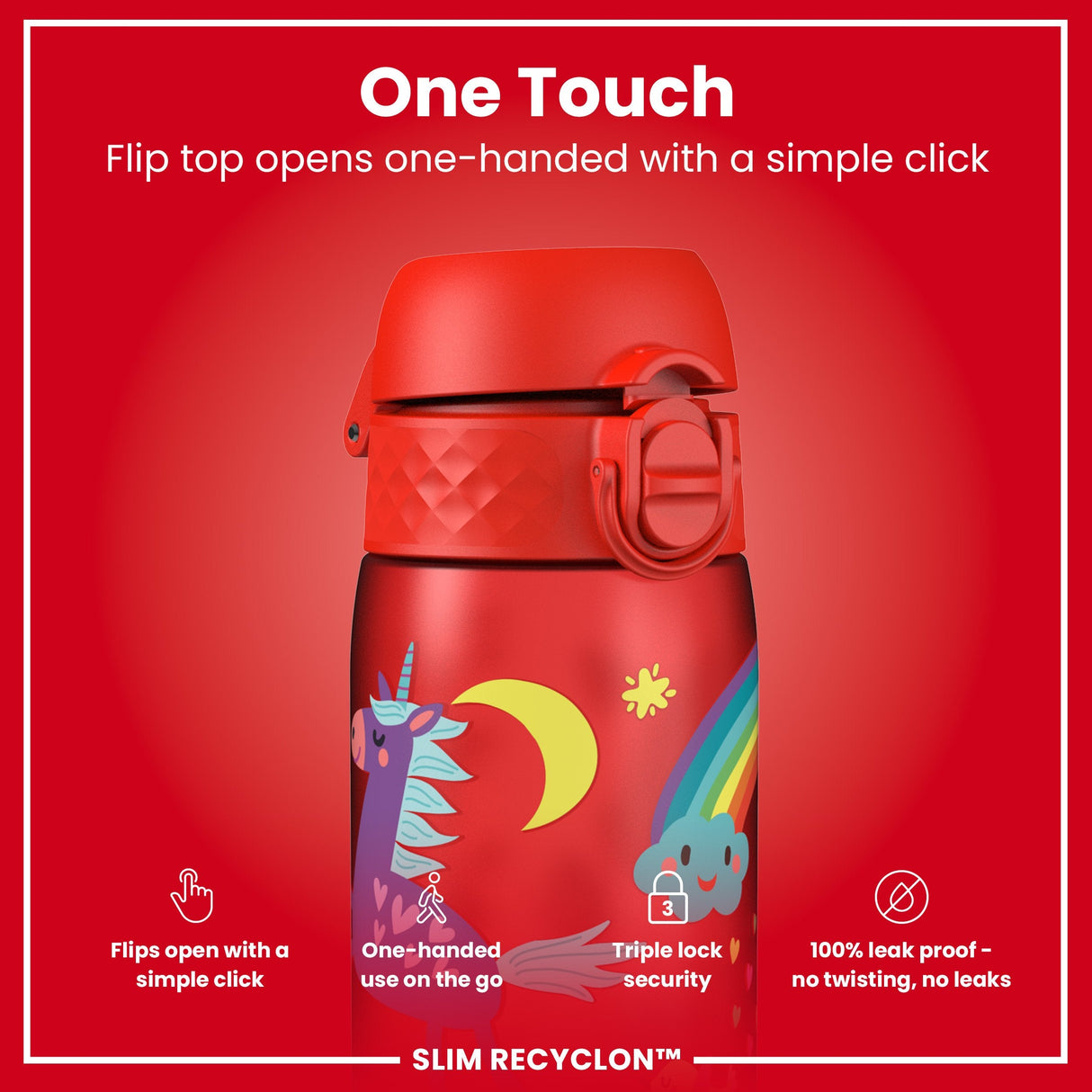 ION8 Leak Proof Slim Water Bottle, Recyclon, Red Unicorns, 500ml (18oz)
