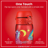 ION8 Leak Proof Slim Water Bottle, Recyclon, Red Unicorns, 500ml (18oz)