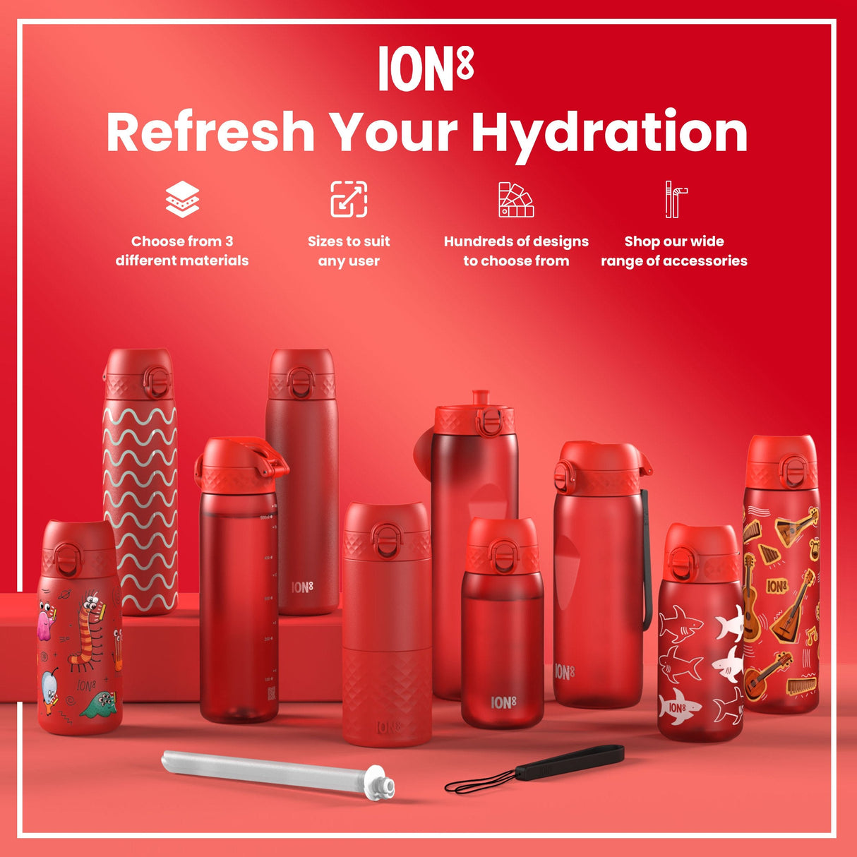 ION8 Leak Proof Slim Water Bottle, Recyclon, Red Unicorns, 500ml (18oz)