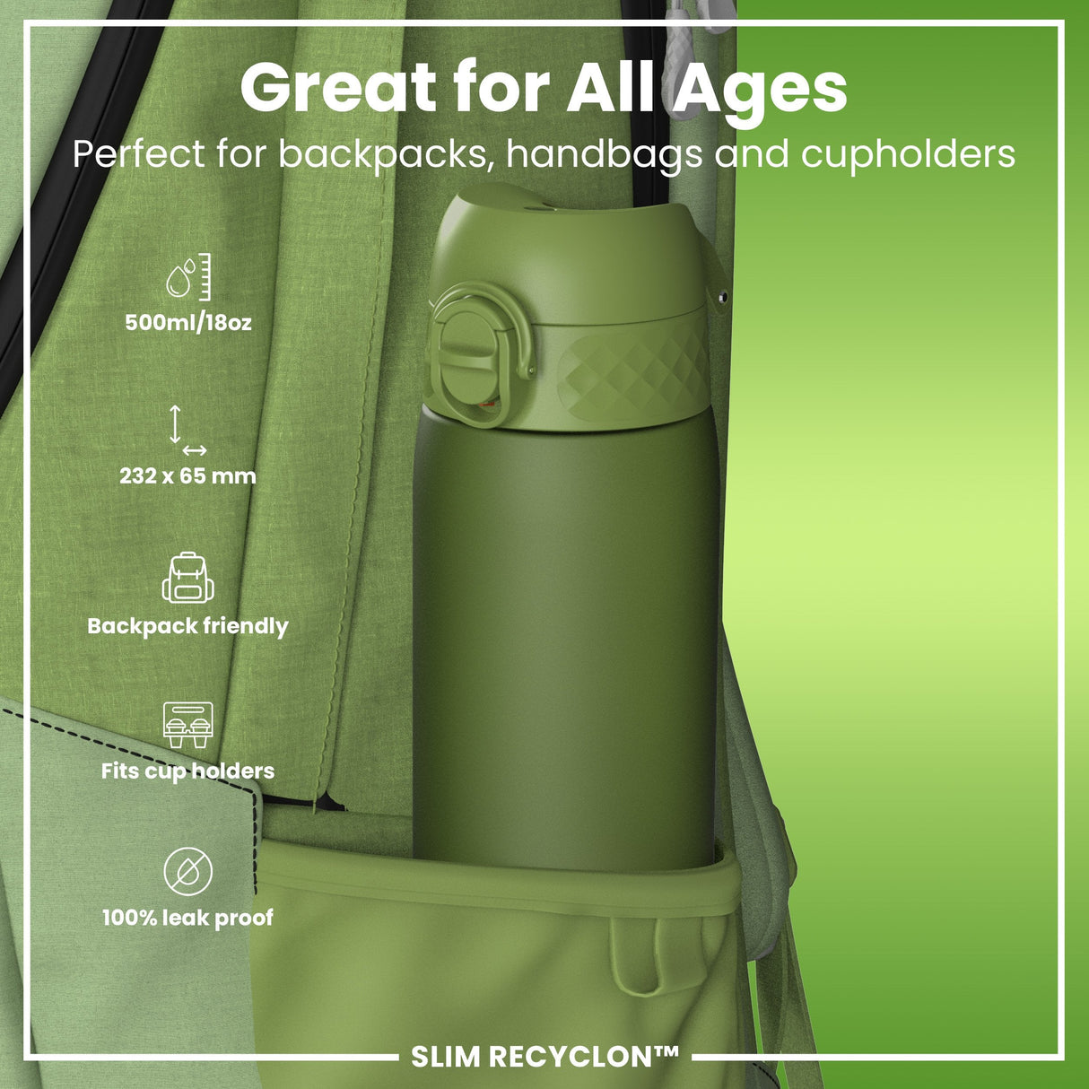 ION8 Leak Proof Slim Water Bottle, Recyclon, Khaki Green, 500ml (18oz)