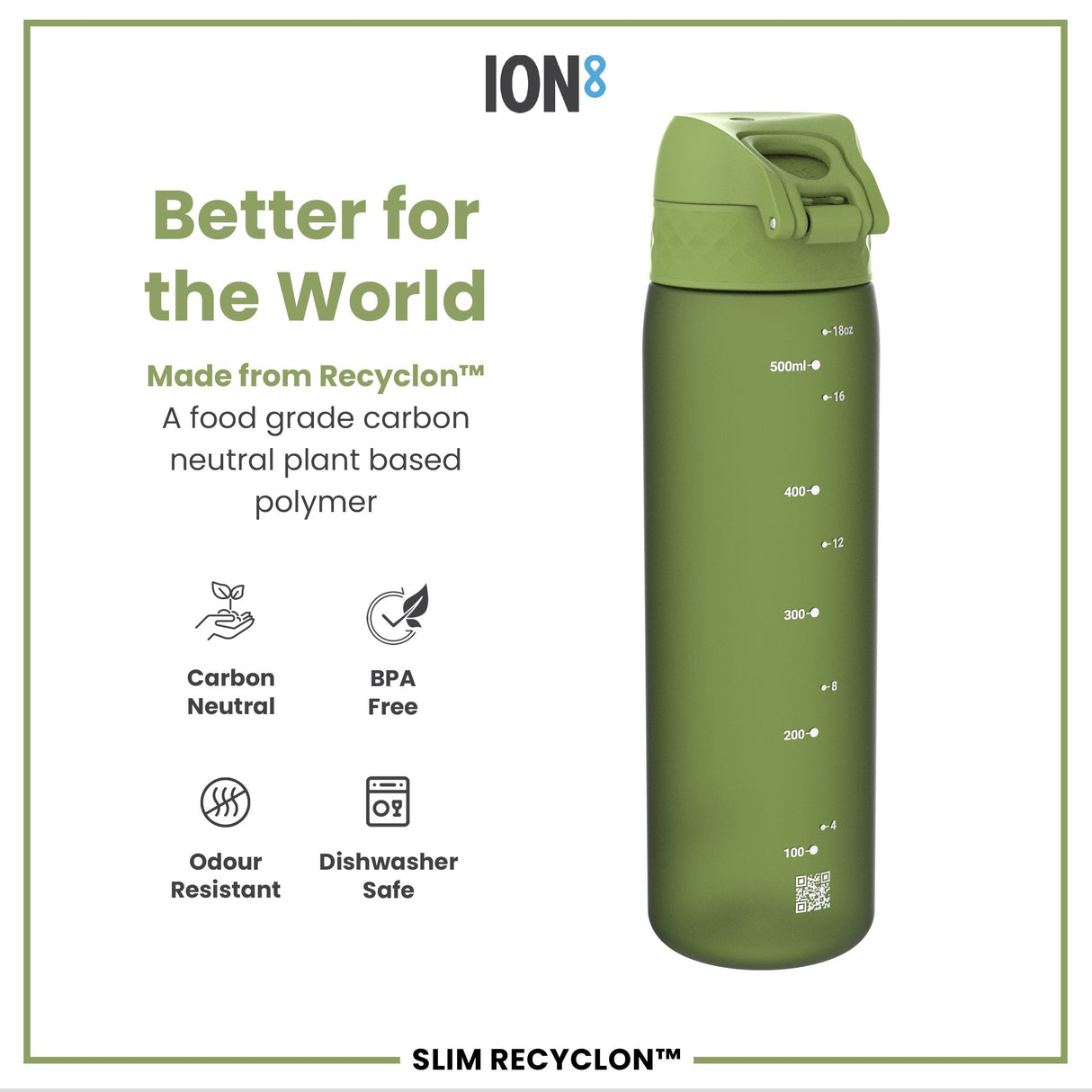 ION8 Leak Proof Slim Water Bottle, Recyclon, Khaki Green, 500ml (18oz)