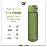ION8 Leak Proof Slim Water Bottle, Recyclon, Khaki Green, 500ml (18oz)