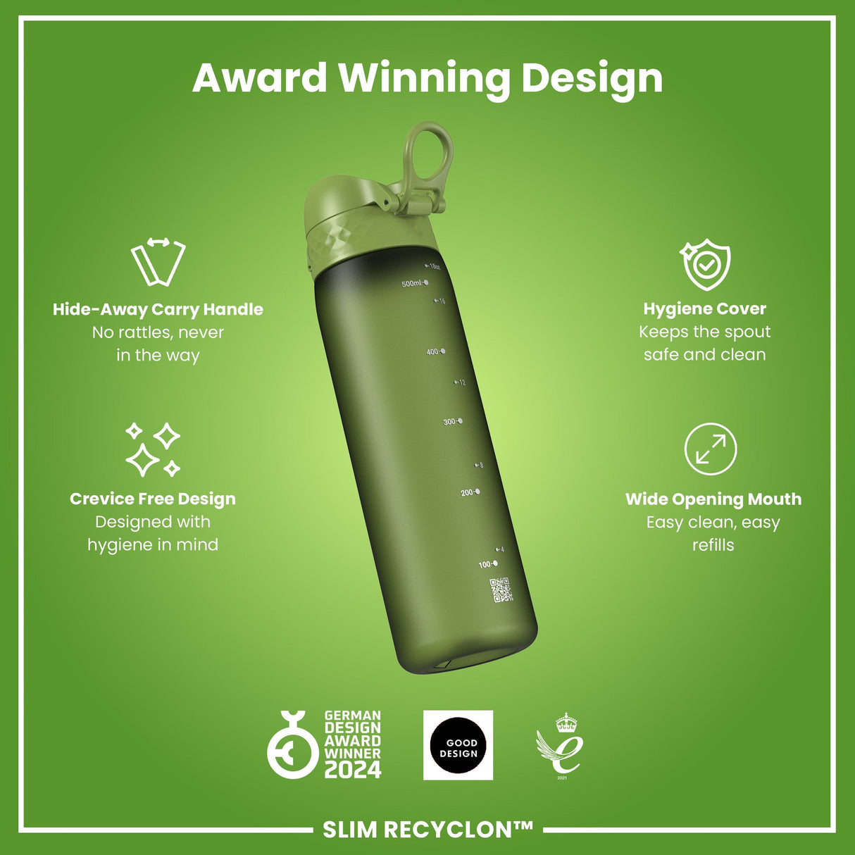 ION8 Leak Proof Slim Water Bottle, Recyclon, Khaki Green, 500ml (18oz)