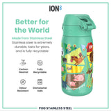 ION8 Leak Proof Kids Water Bottle, Stainless Steel, Farming Animals, 400ml (13oz)