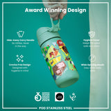 ION8 Leak Proof Kids Water Bottle, Stainless Steel, Farming Animals, 400ml (13oz)