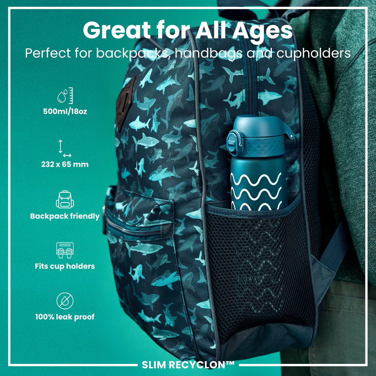 ION8 Leak Proof Slim Water Bottle, Recyclon, Waves, 500ml (18oz)