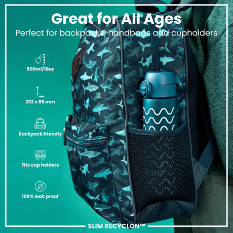 ION8 Leak Proof Slim Water Bottle, Recyclon, Waves, 500ml (18oz)