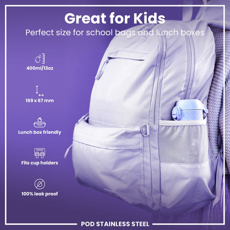 ION8 Leak Proof Kids Water Bottle, Stainless Steel, Fairies, 400ml (13oz)
