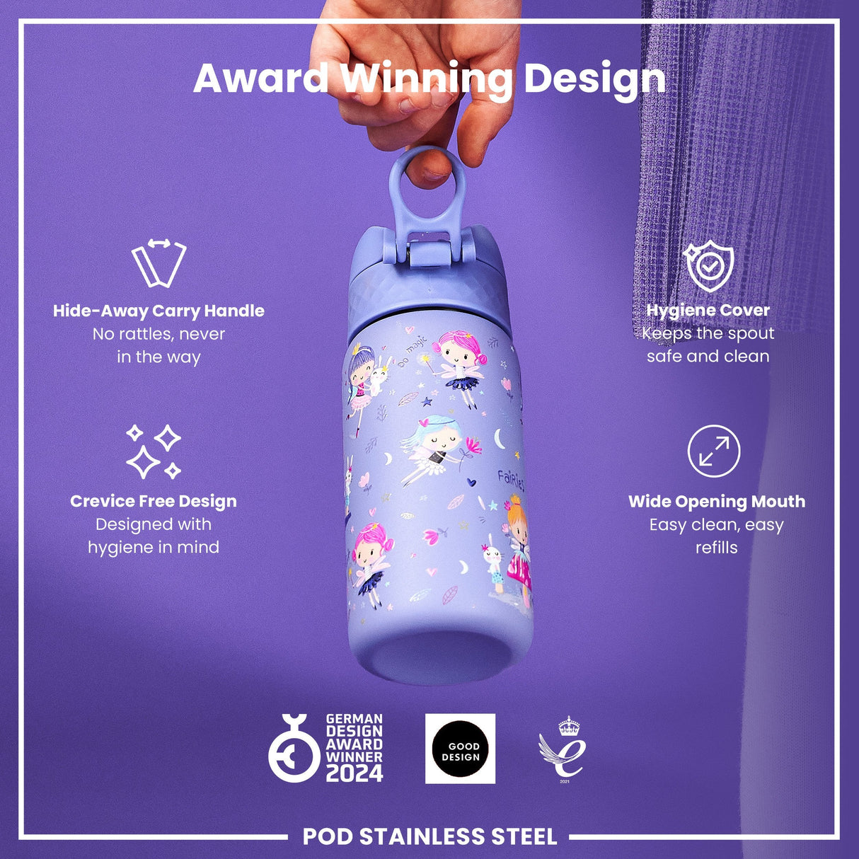 ION8 Leak Proof Kids Water Bottle, Stainless Steel, Fairies, 400ml (13oz)