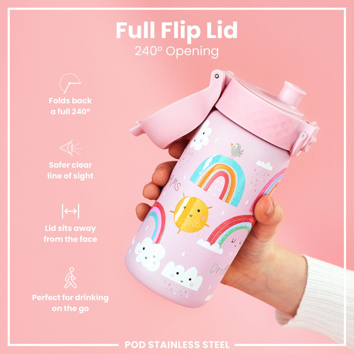 ION8 Leak Proof Kids Water Bottle, Stainless Steel, Rainbows, 400ml (13oz)