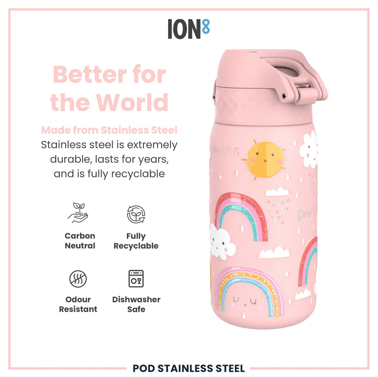 ION8 Leak Proof Kids Water Bottle, Stainless Steel, Rainbows, 400ml (13oz)