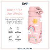ION8 Leak Proof Kids Water Bottle, Stainless Steel, Rainbows, 400ml (13oz)