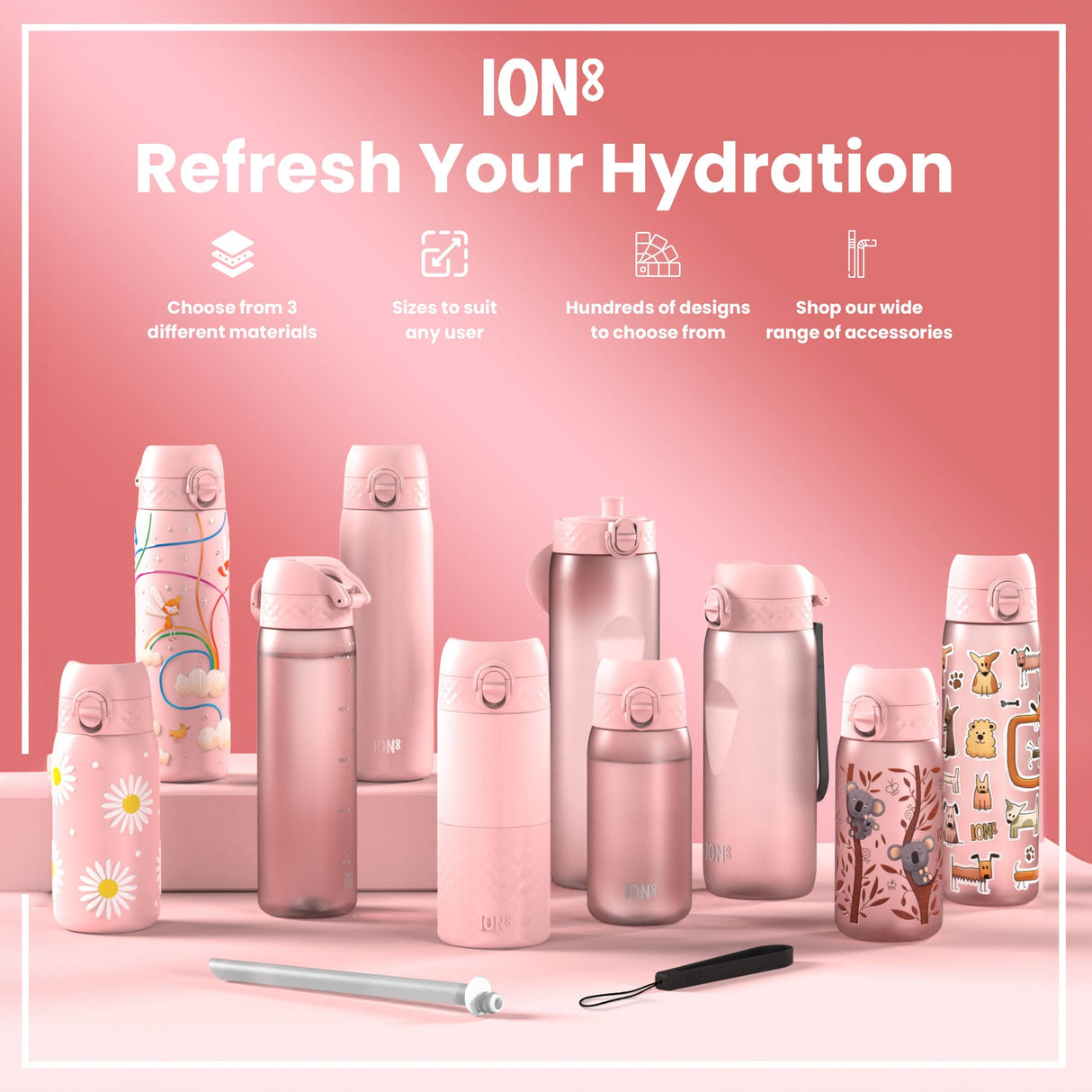 ION8 Leak Proof Kids Water Bottle, Stainless Steel, Rainbows, 400ml (13oz)