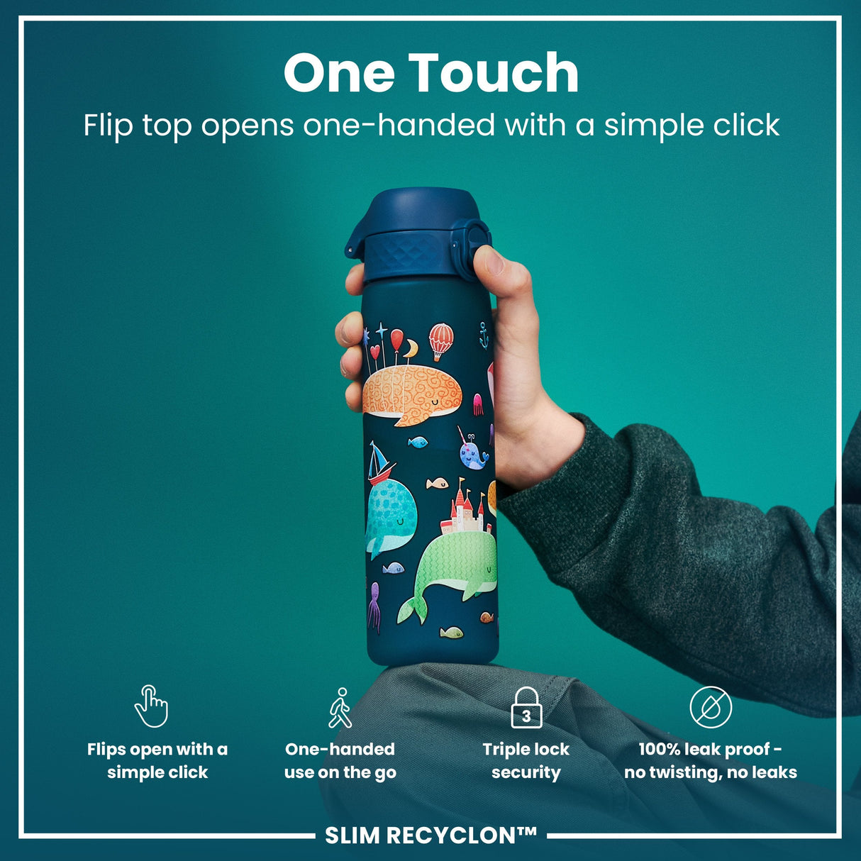 ION8 Leak Proof Slim Water Bottle, Recyclon, Whales, 500ml (18oz)