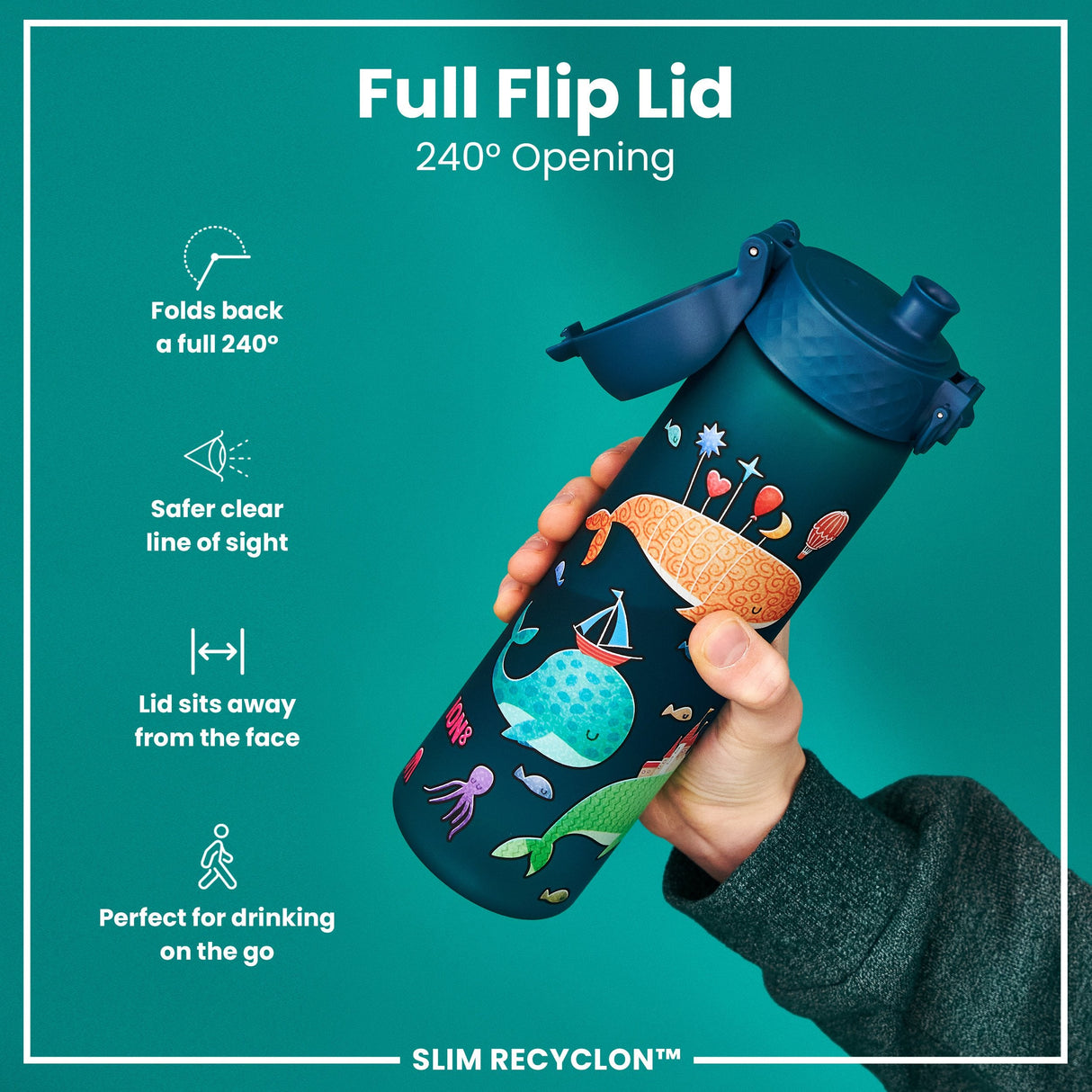 ION8 Leak Proof Slim Water Bottle, Recyclon, Whales, 500ml (18oz)