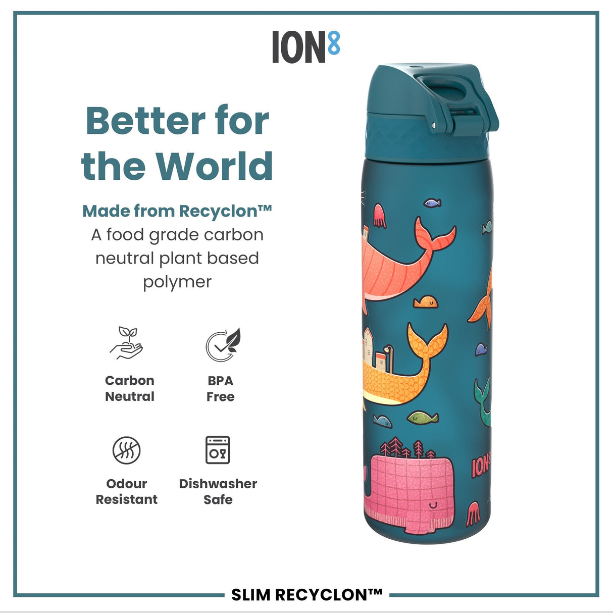 ION8 Leak Proof Slim Water Bottle, Recyclon, Whales, 500ml (18oz)
