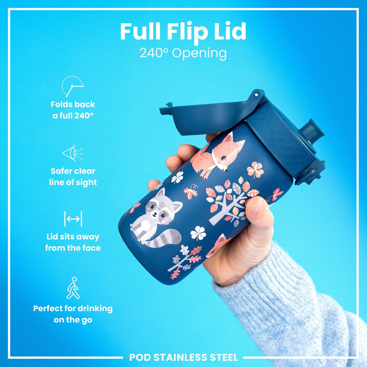 ION8 Leak Proof Kids Water Bottle, Stainless Steel, Forest Animals, 400ml (13oz)