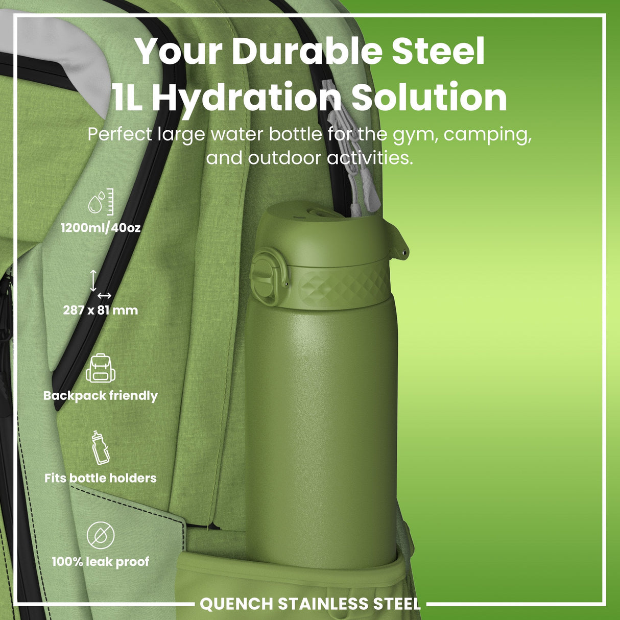 ION8 Leak Proof 1 Litre Water Bottle, Stainless Steel, Khaki Green, 1L