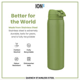 ION8 Leak Proof 1 Litre Water Bottle, Stainless Steel, Khaki Green, 1L
