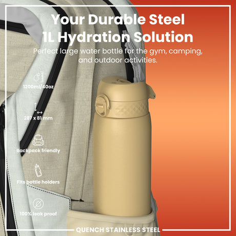 ION8 Leak Proof 1 Litre Water Bottle, Stainless Steel, Desert, 1L