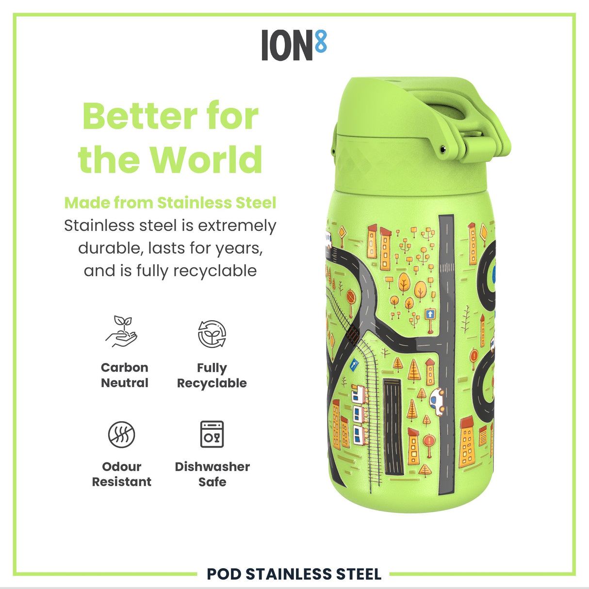 ION8 Leak Proof Water Bottle, Stainless Steel, Cars, 400ml (13oz)