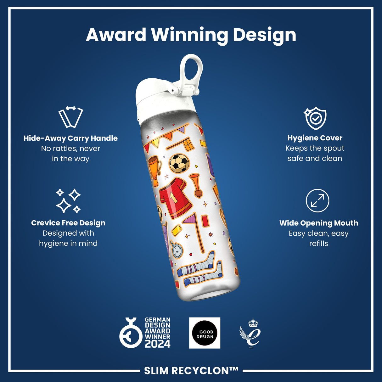 ION8 Leak Proof Slim Water Bottle, Recyclon, Football, 500ml (18oz)