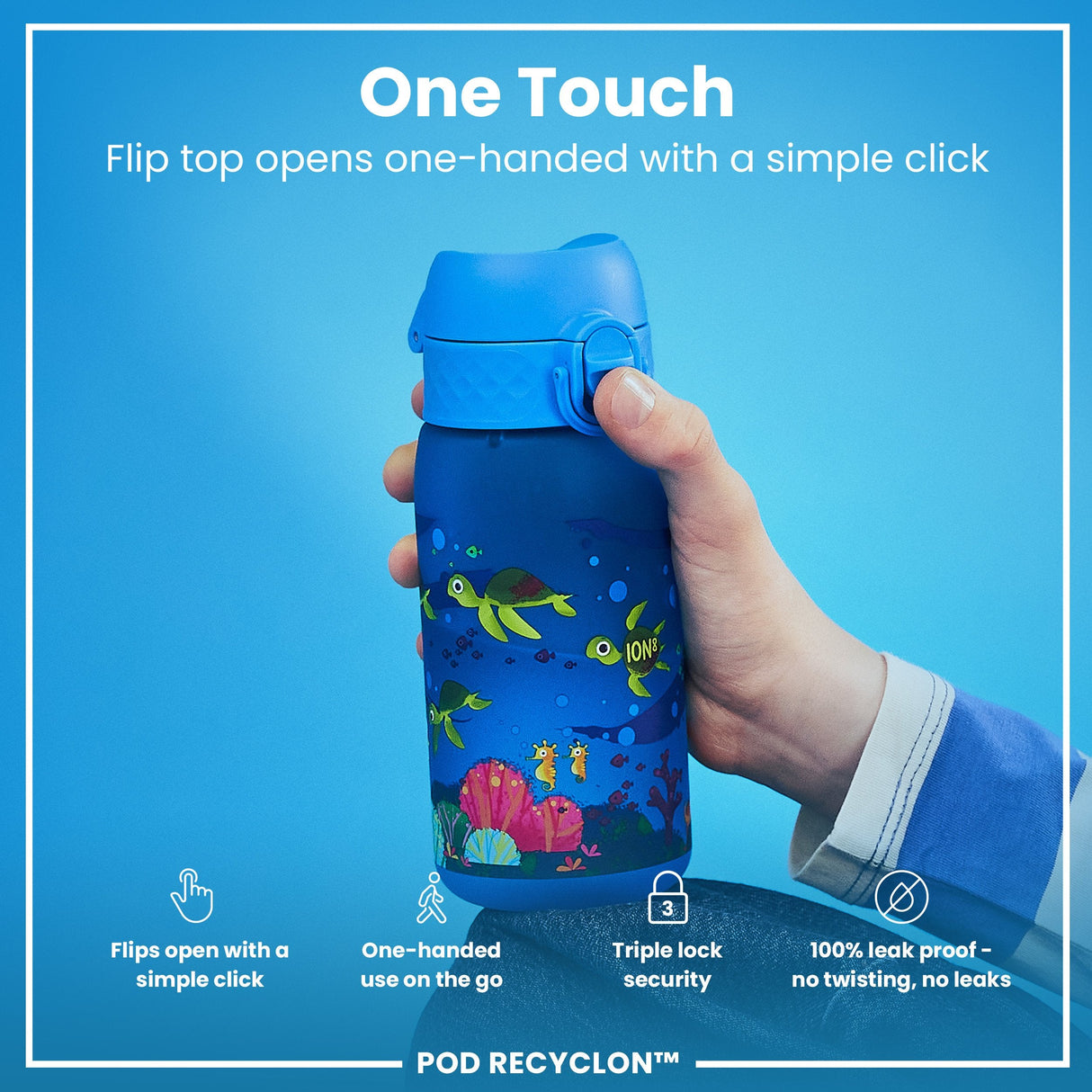 ION8 Leak Proof Kids Water Bottle, Recyclon, Sea Turtle, 350ml (12oz)