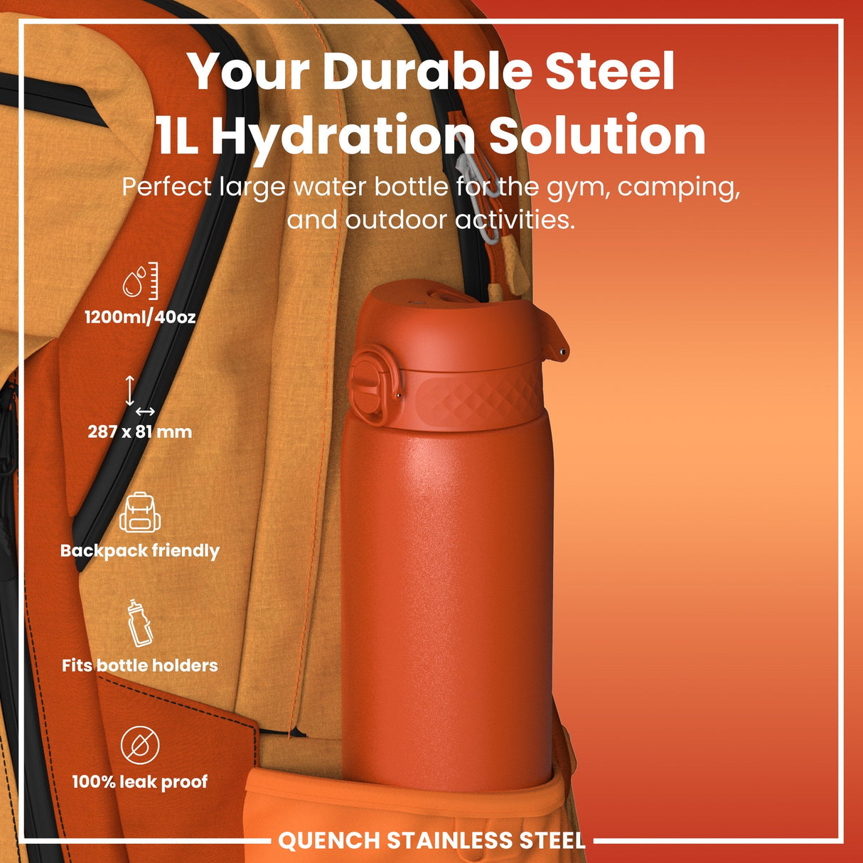 ION8 Leak Proof 1 Litre Water Bottle, Stainless Steel, Hearty Orange, 1L