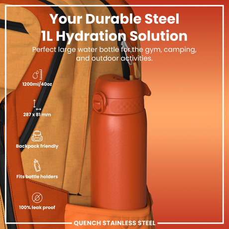 ION8 Leak Proof 1 Litre Water Bottle, Stainless Steel, Hearty Orange, 1L