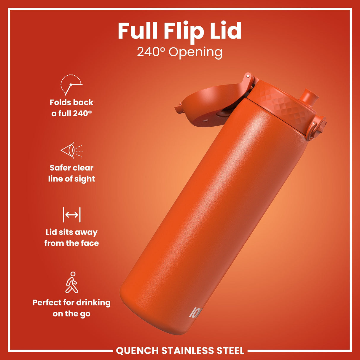 ION8 Leak Proof 1 Litre Water Bottle, Stainless Steel, Hearty Orange, 1L