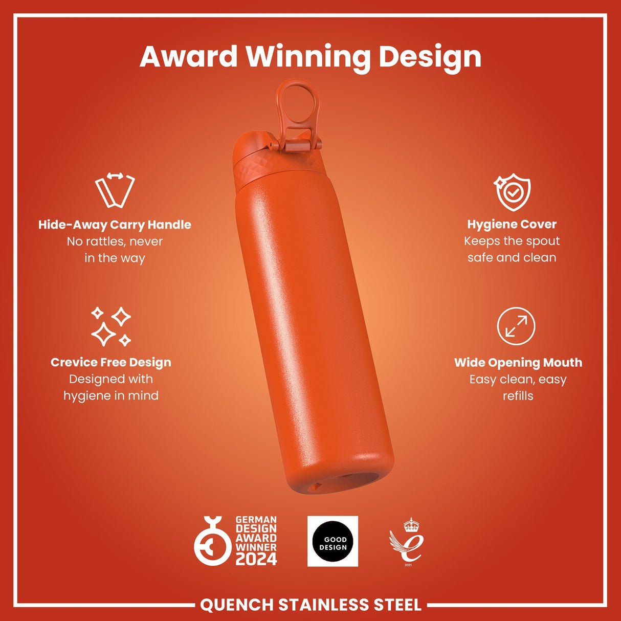 ION8 Leak Proof 1 Litre Water Bottle, Stainless Steel, Hearty Orange, 1L