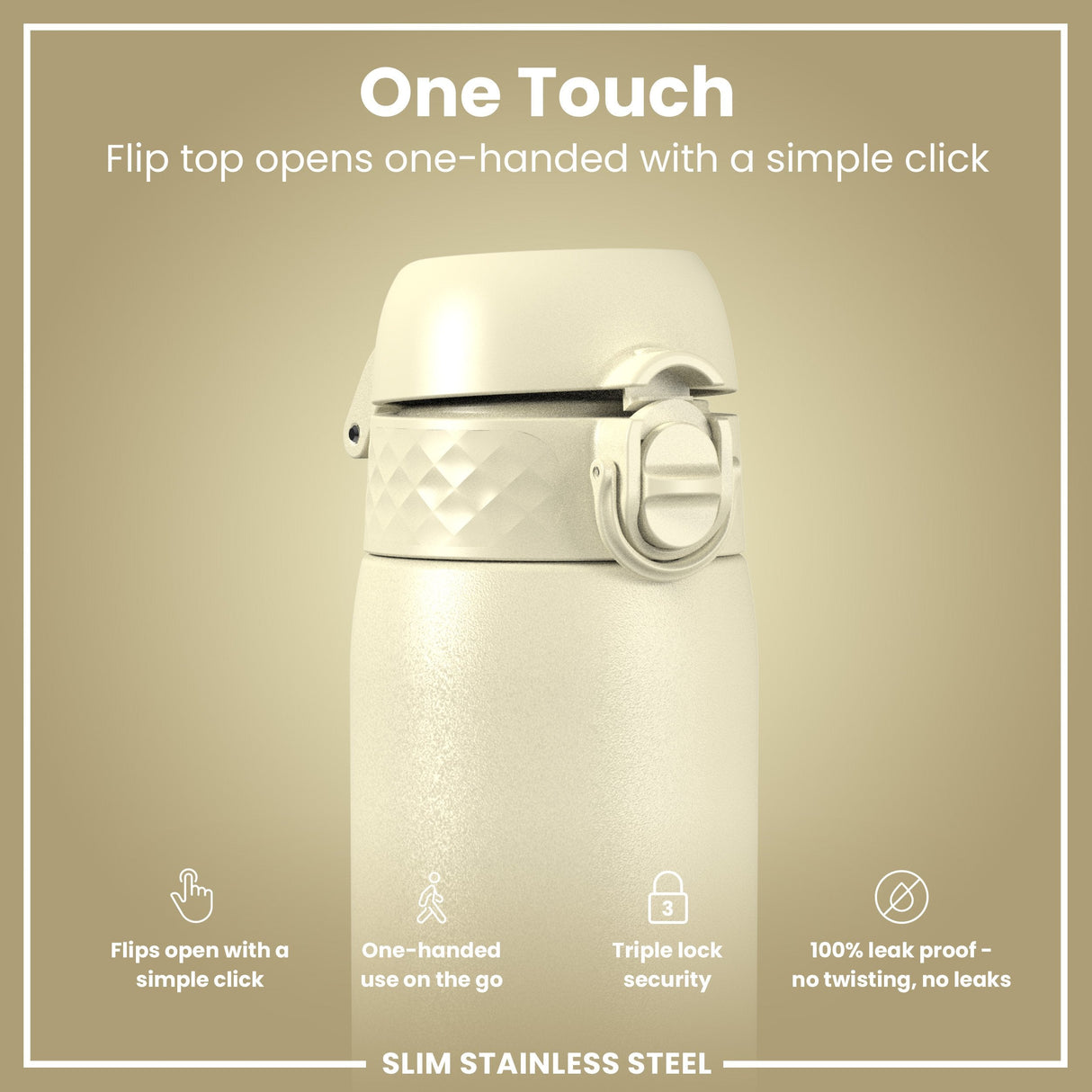 ION8 Leak Proof Slim Water Bottle, Stainless Steel, Creamy White, 600ml (20oz)