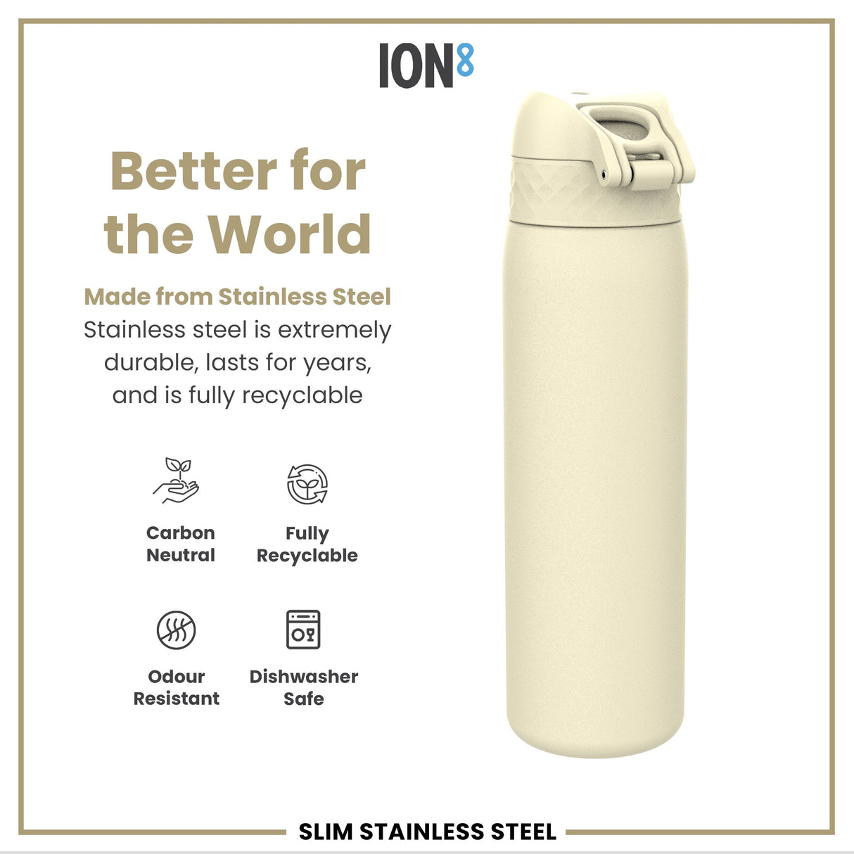 ION8 Leak Proof Slim Water Bottle, Stainless Steel, Creamy White, 600ml (20oz)