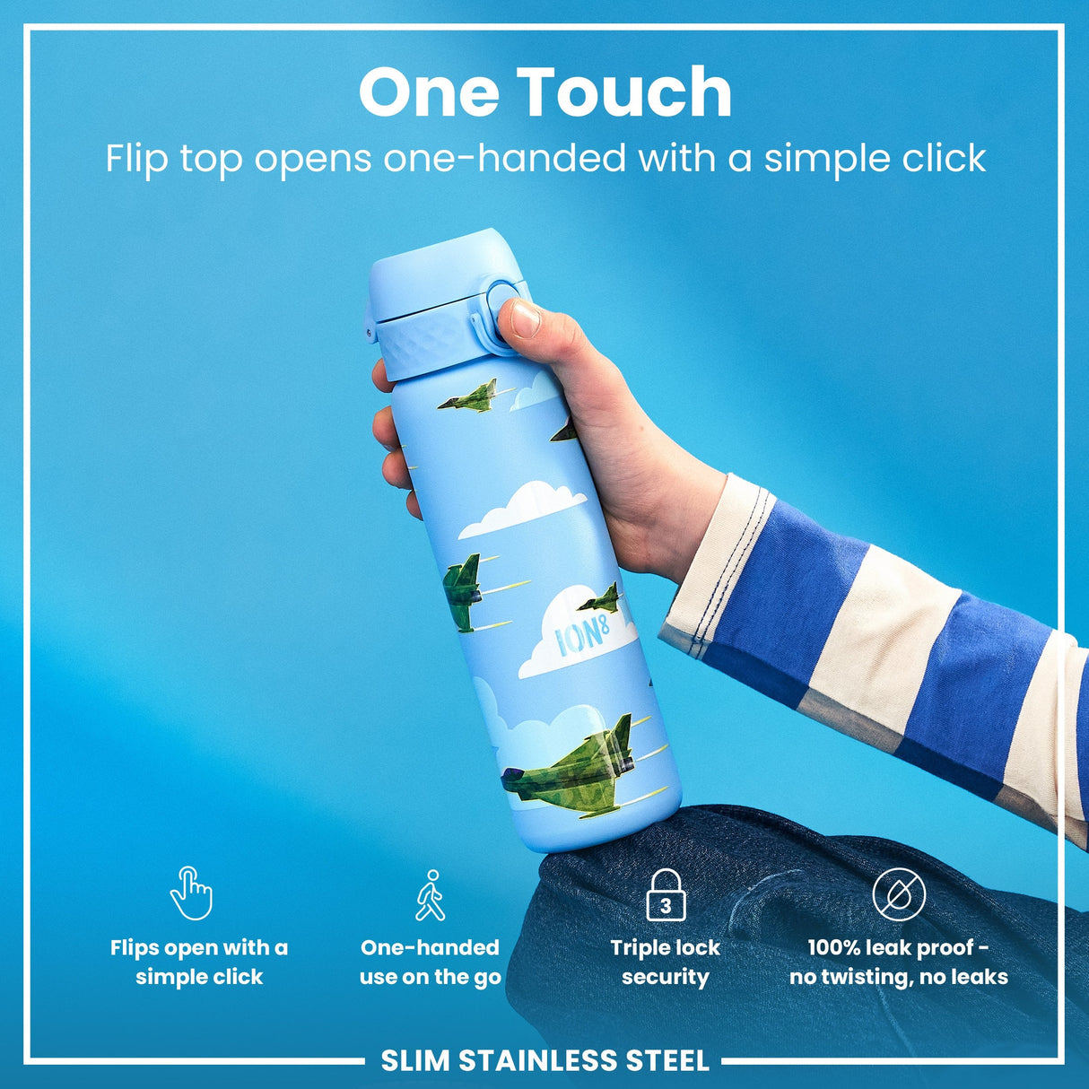 ION8 Leak Proof Slim Water Bottle, Stainless Steel, Fighter Jets, 600ml (20oz)