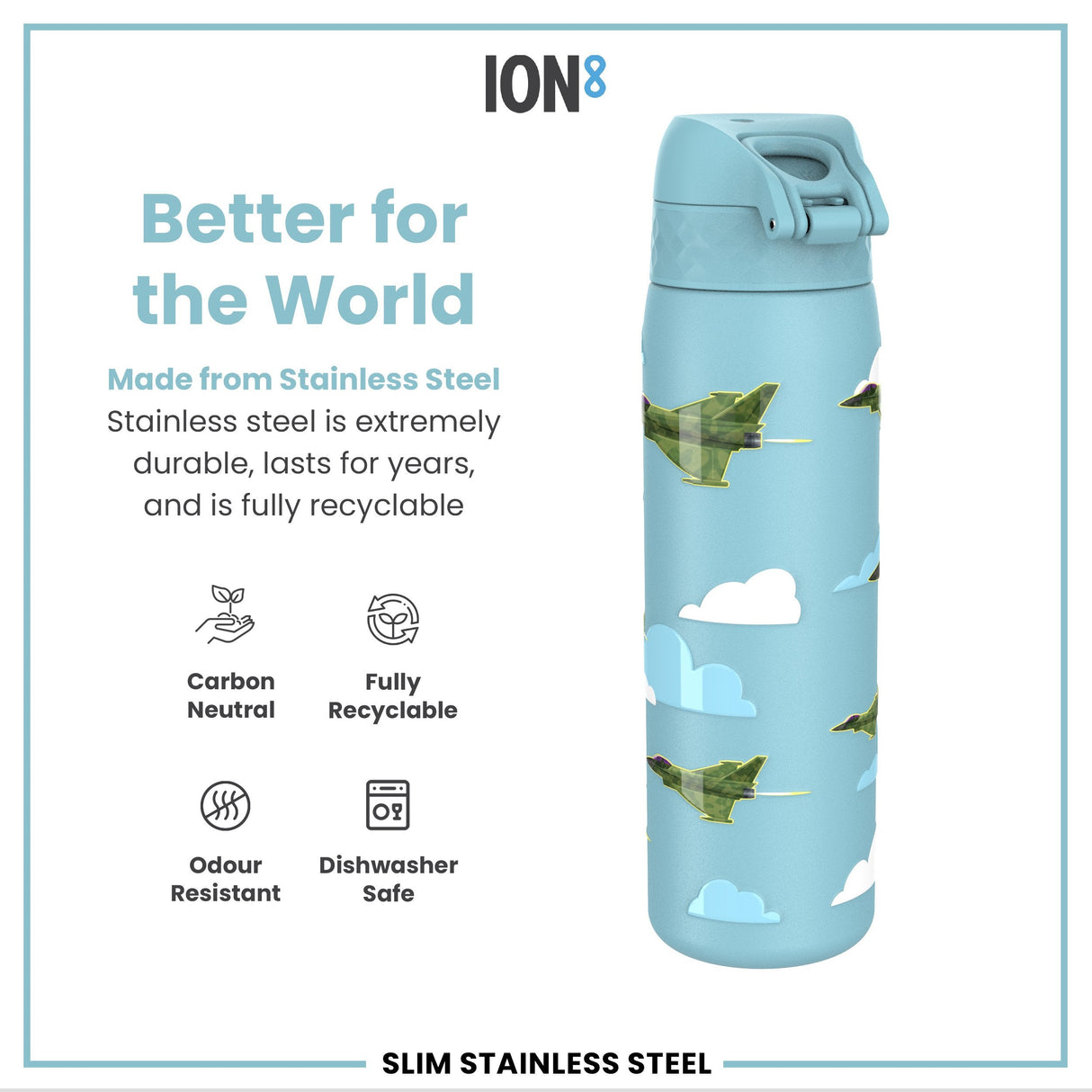 ION8 Leak Proof Slim Water Bottle, Stainless Steel, Fighter Jets, 600ml (20oz)