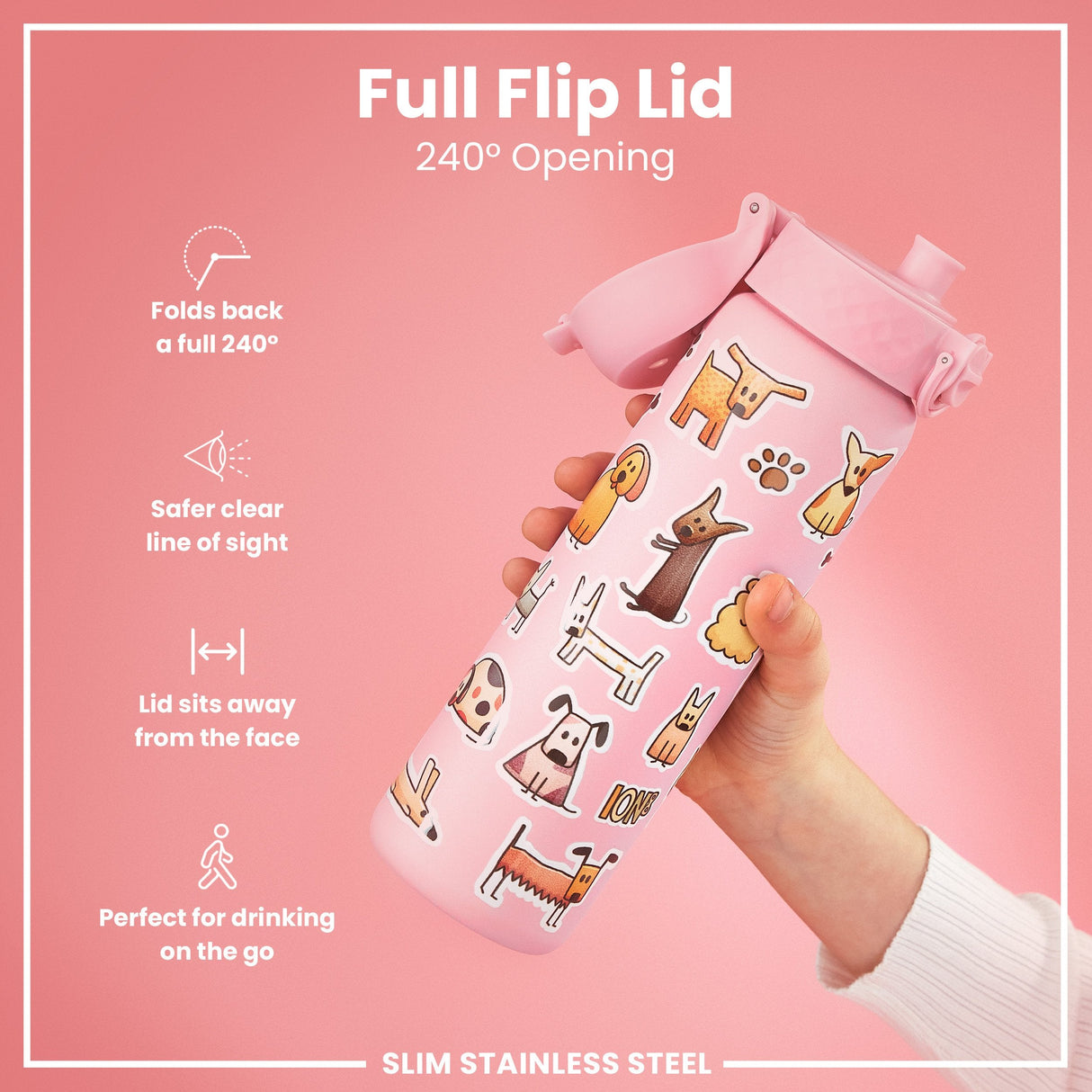 ION8 Leak Proof Slim Water Bottle, Stainless Steel, Dogs, 600ml (20oz)